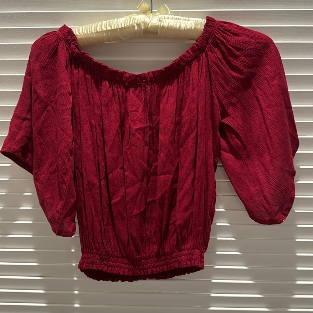 Luck & Trouble Burgundy Off Shoulder Smocked Flutter Sleeve Top (Australia) — image 5 of 5